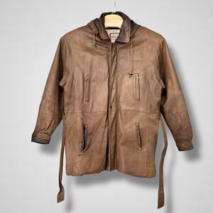 Wilda Leather Jacket Mens XL Long Hooded Belted Full Zip Pockets Removable Liner